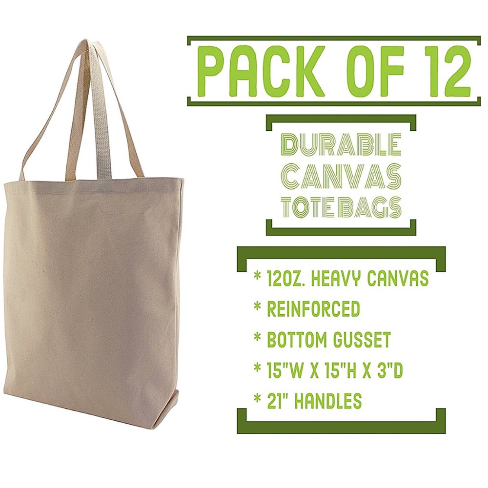 12 Pack Heavy Duty Canvas Tote Bags for Shopping